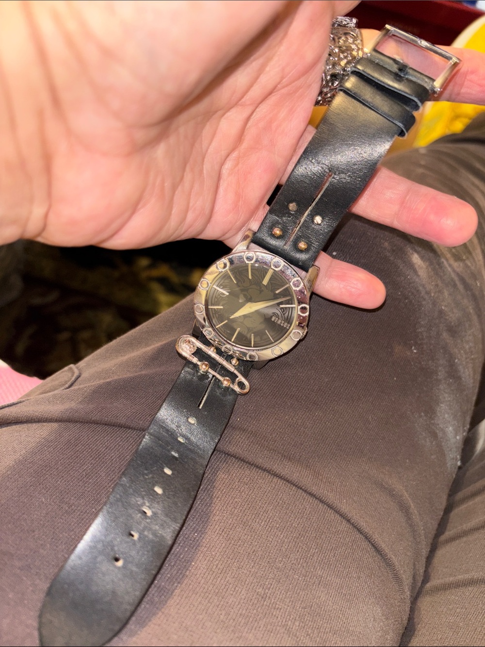 Versace Black Leather Strap Watch with Silver-Tone Bezel